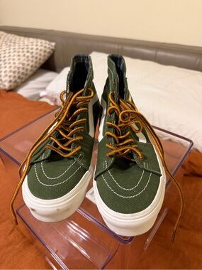 Vans Olive Green High-Top Canvas Sneakers with Mustard Laces